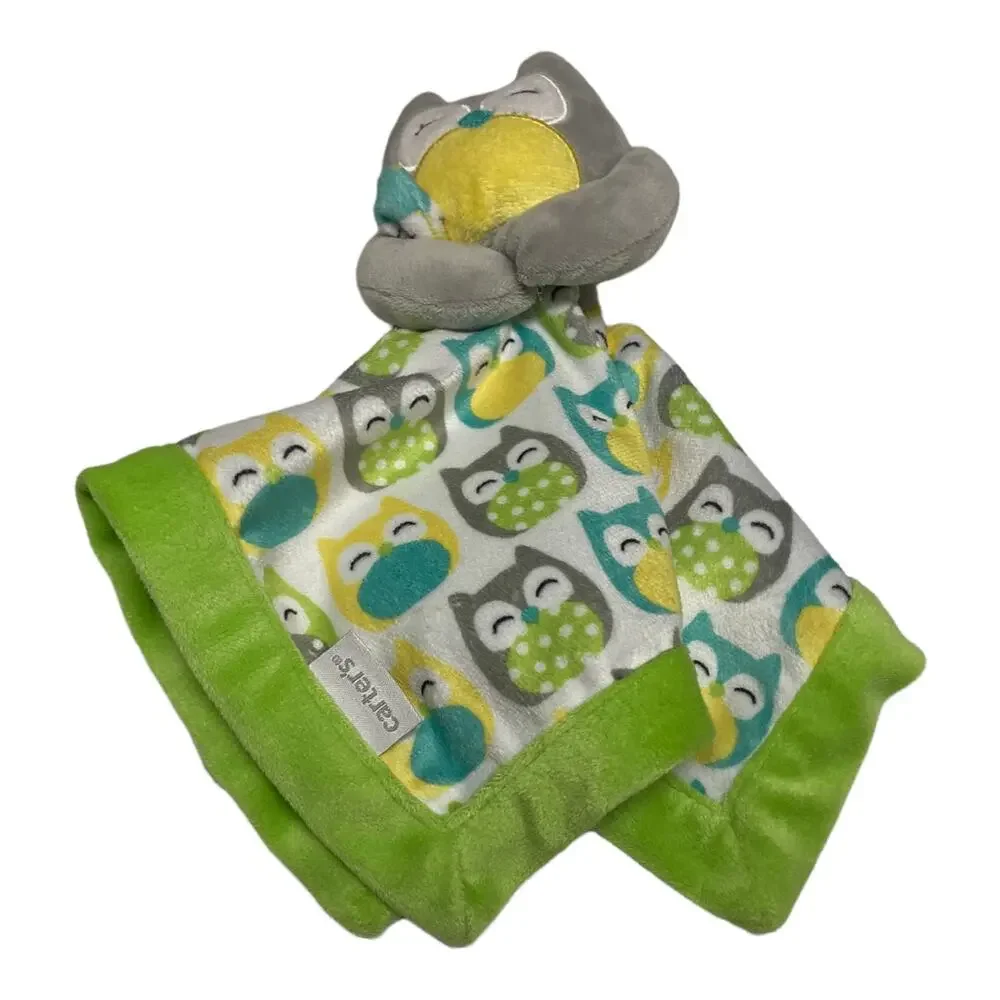 Carter's Gray Owl Plush‎ Velour Lovey Security Blanket 67039 Green Yellow 14